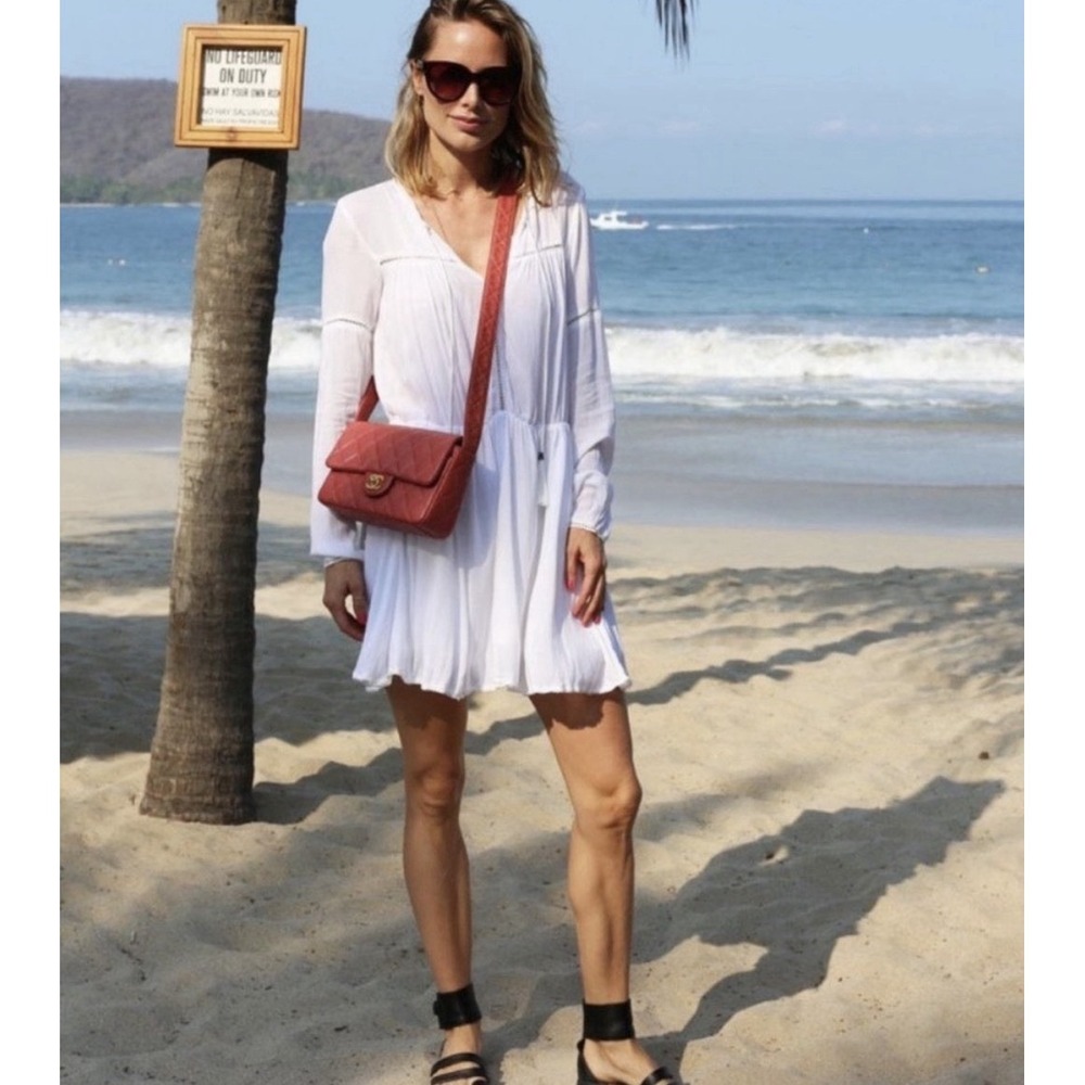 ANINE BING White Boho Tassel Tie Mini Dress Long Sleeve Peasant Modal M $250